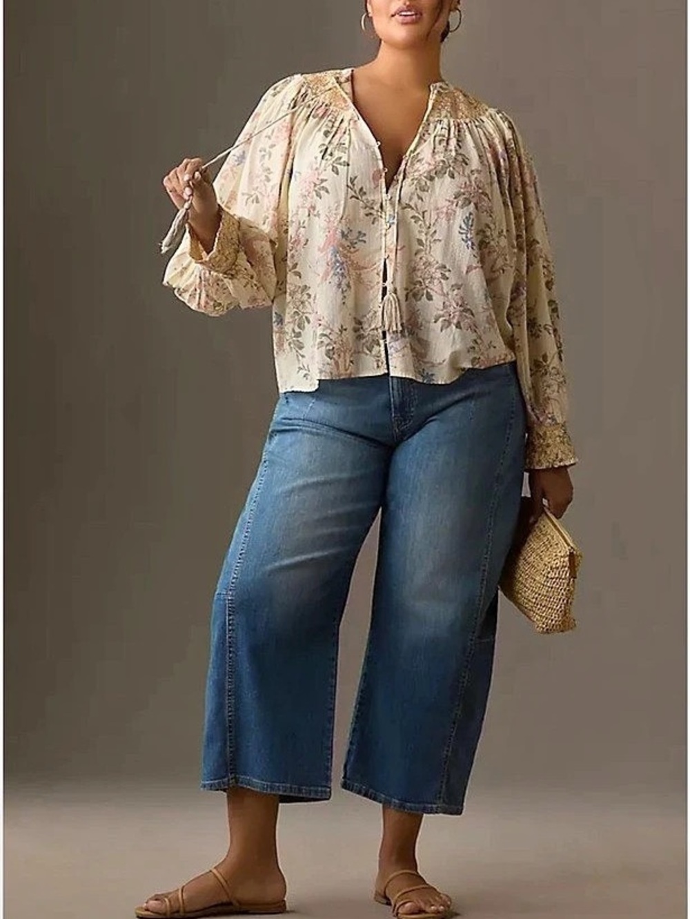 Anthropologie Long-Sleeve Smocked Lurex Top Floral Blouse